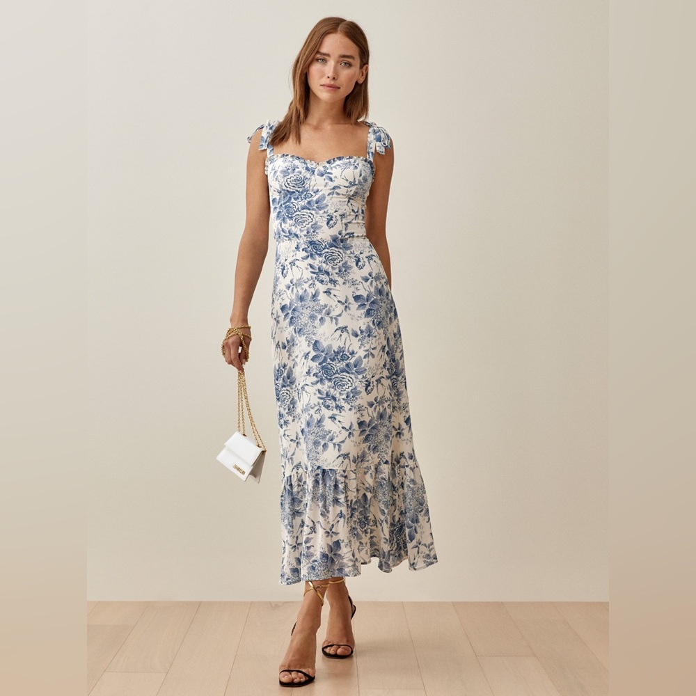 Reformation Blue Floral Cream Midi Dress